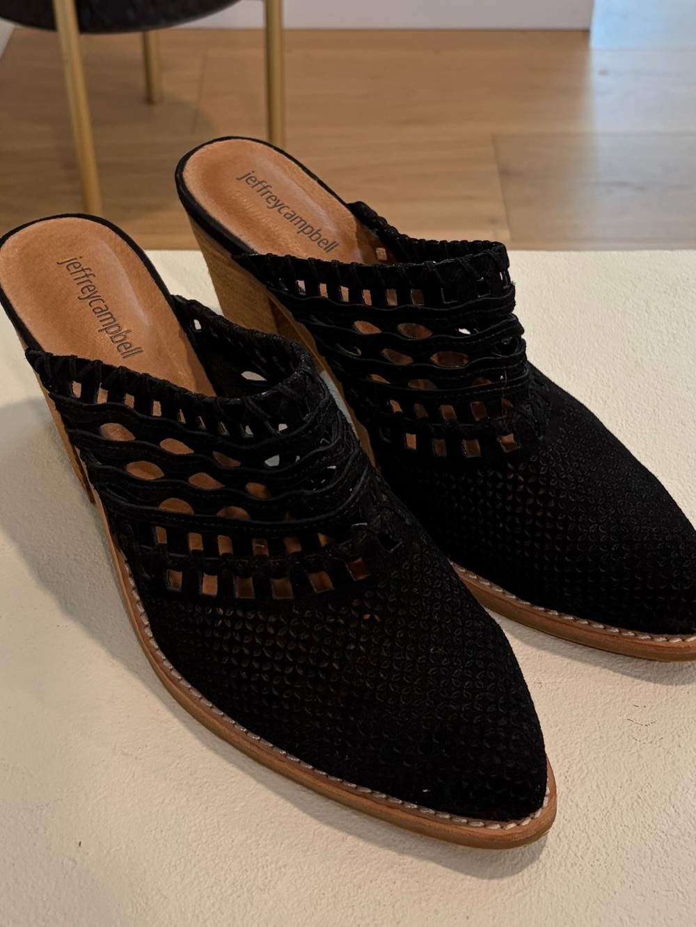 Anthropologie Jeffrey Campbell Favela Black Woven Leather 9.5 Stacked Heel Mules